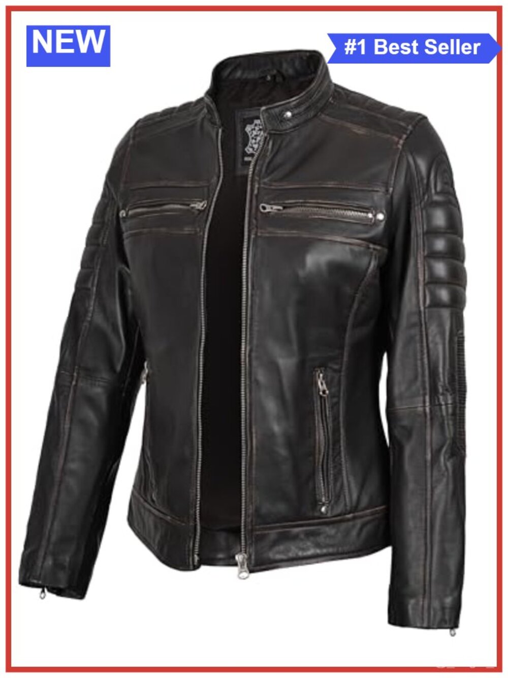 Lambskin Leather Jacket Cafe Racer Moto Stand Collar Fitted